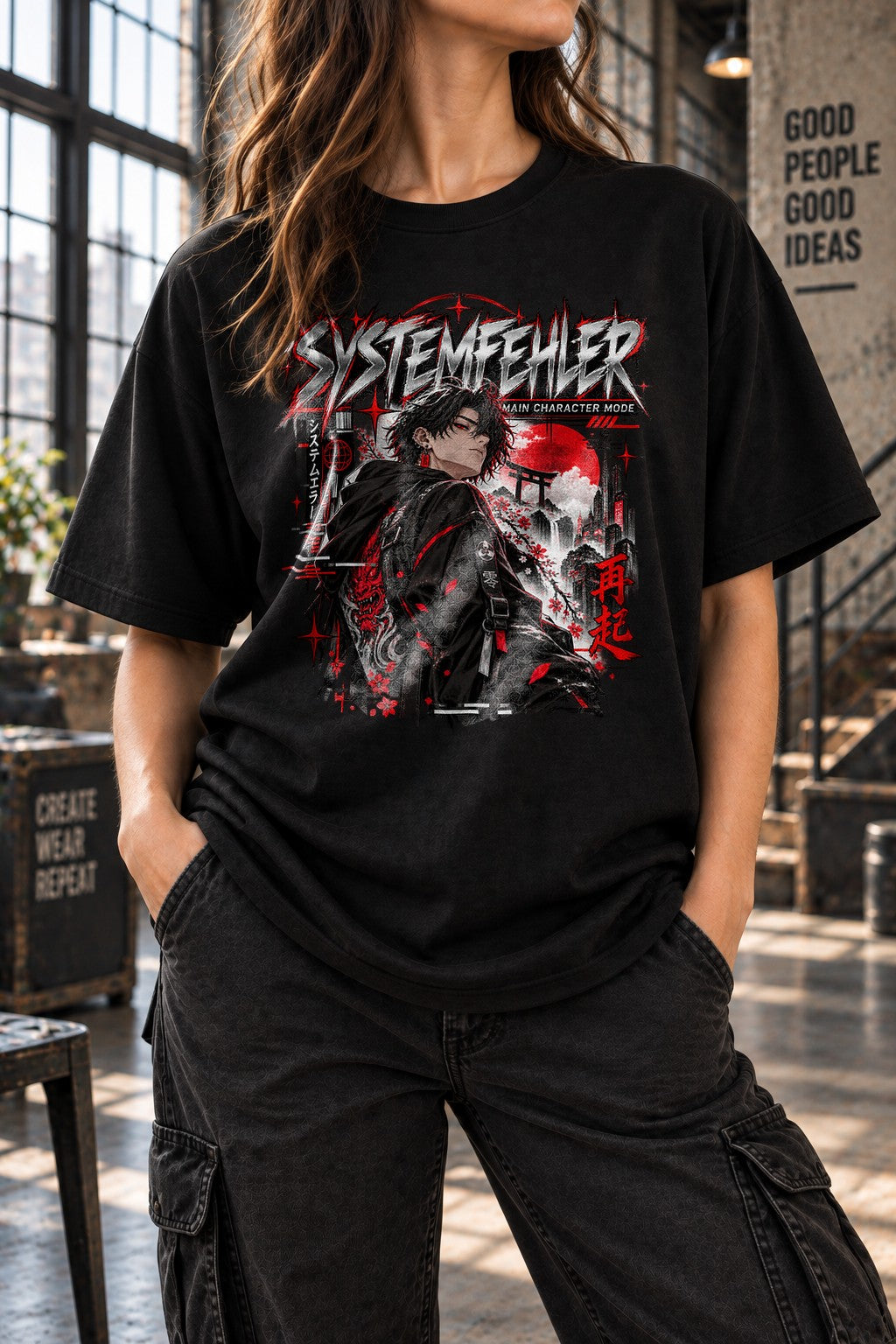 Systemfehler Anime T-Shirt Damen Herren, Main Character Mode Shirt, Japan Streetwear Oversized Schwarz