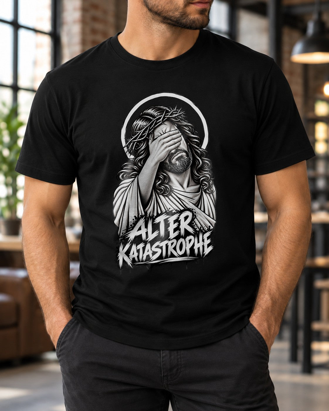 Alter Katastrophe T-Shirt lustig, Jesus Facepalm Shirt, schwarzes Funshirt Herren Damen, sarkastisches Geschenk