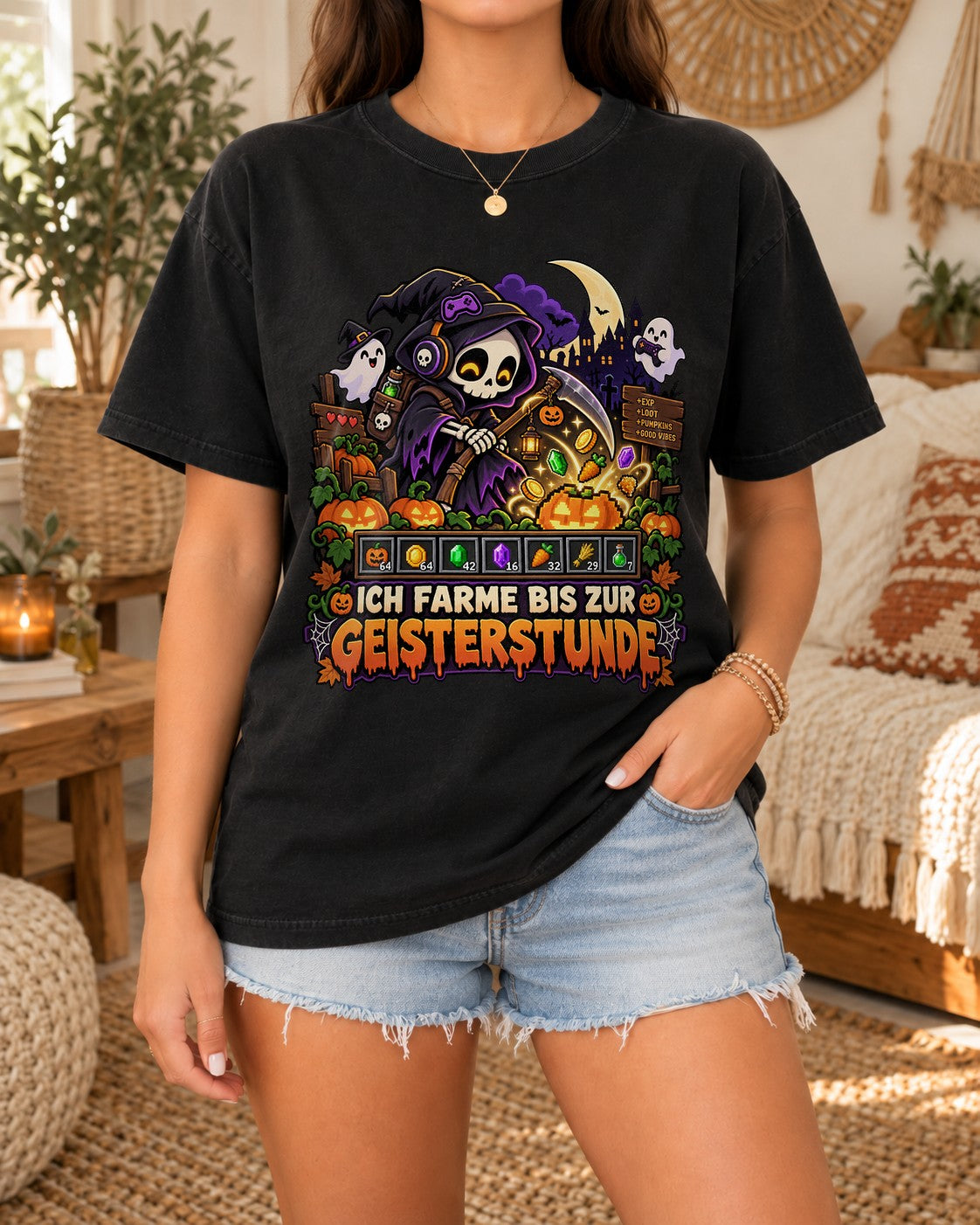 Halloween Gamer T-Shirt Damen Oversized, Ich farme bis zur Geisterstunde Shirt, Lustiges Zocker Geschenk, Washed Vintage Tee
