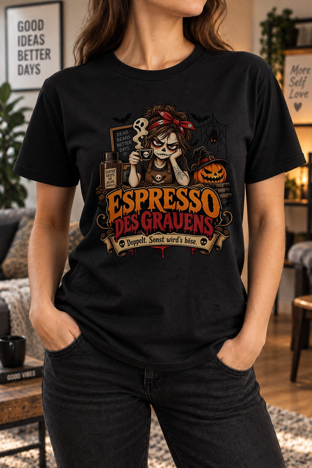 Espresso des Grauens T-Shirt Damen Halloween Kaffee Gothic Shirt lustig Koffein Spruch Herbst Hexe Pumpkin Tee