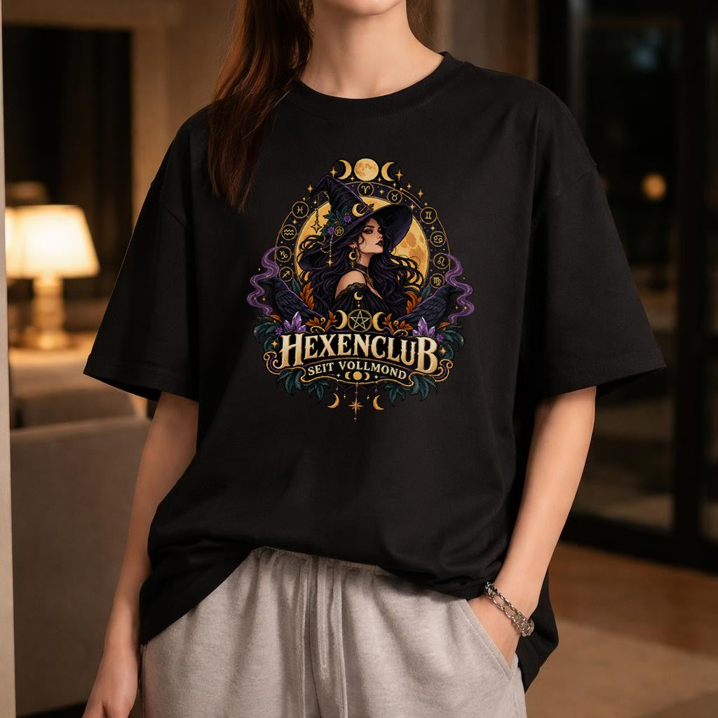 Hexenclub seit Vollmond T-Shirt Damen Oversized, Witchy Gothic Mondphasen Shirt, Halloween Hexe Geschenk