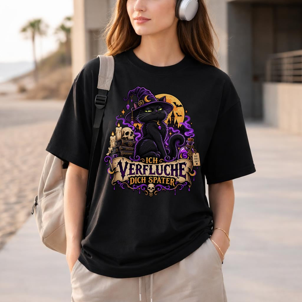 Hexenkatze T-Shirt Damen Lustig Ich verfluche dich später Gothic Halloween Katze Spruchshirt Schwarz