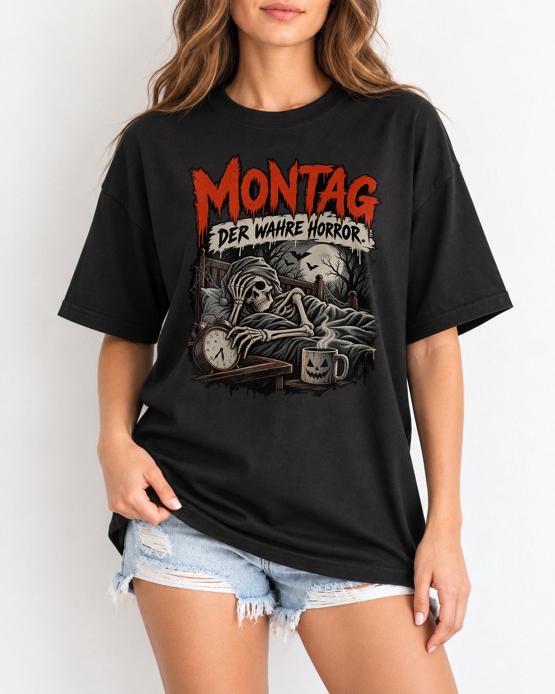 Montag Der Wahre Horror T-Shirt Damen Oversized, lustiges Horror Spruchshirt schwarz, Halloween Skelett Tee Unisex