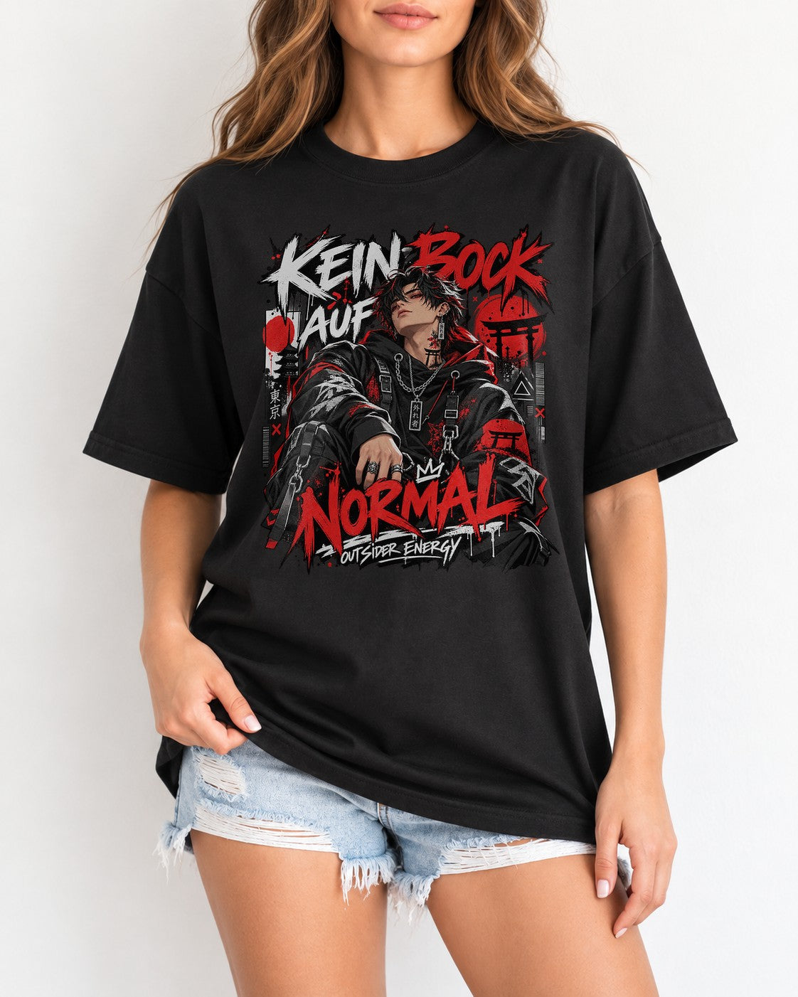Camiseta Oversized "Kein Bock auf Normal" para mujer, camiseta de streetwear estilo anime, negra, camiseta unisex con gráfico "Outsider Energy"