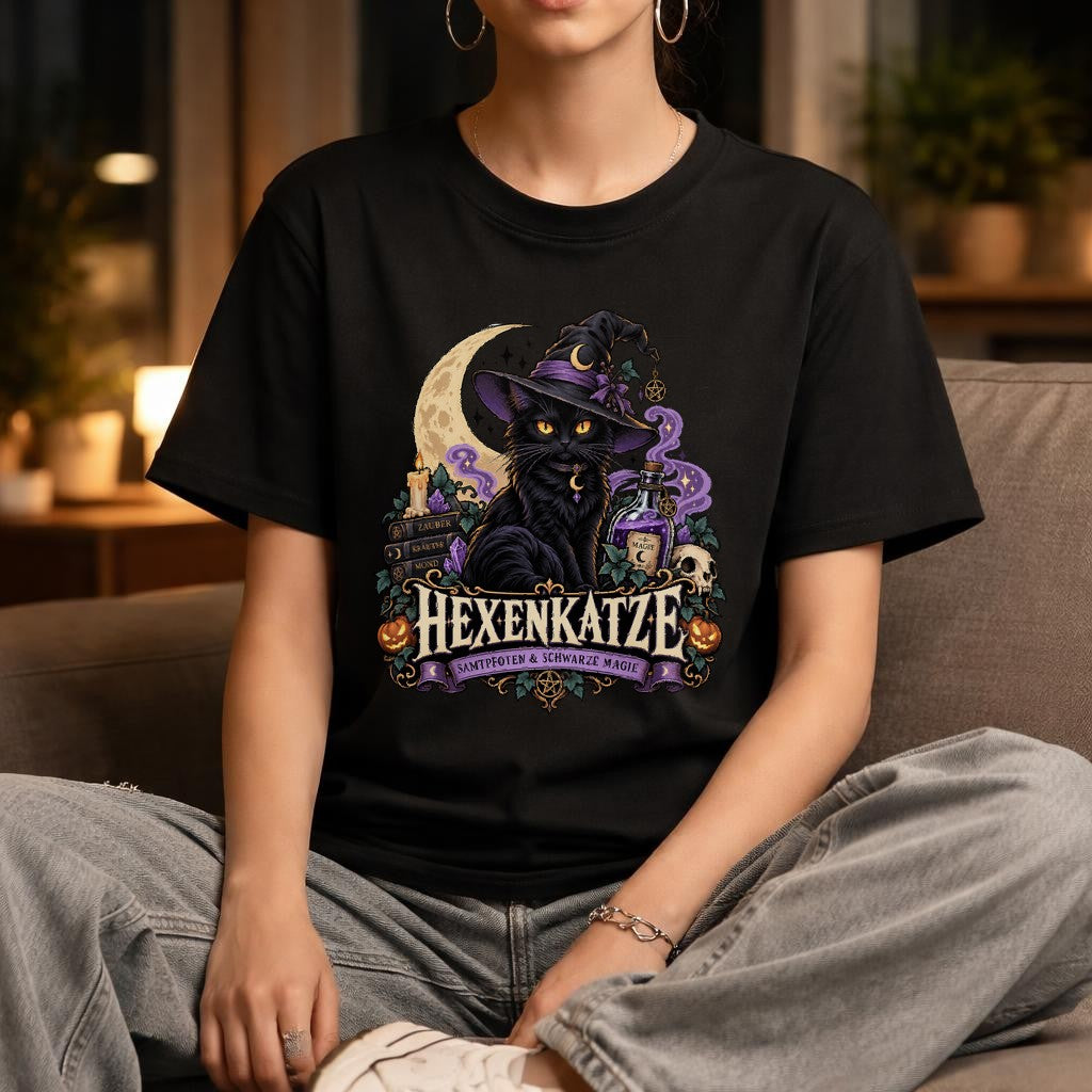 Hexenkatze T-Shirt Damen Halloween Katze Magie Gothic Shirt Schwarze Katze Witchy Geschenk Hexe Herbst Oberteil