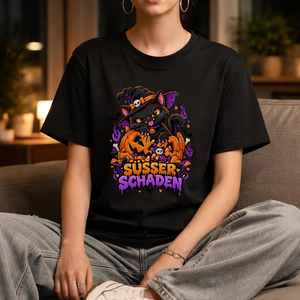 Süsser Schaden Halloween Katze T-Shirt Damen, Schwarze Katze Hexe Kürbis, Lustiges Spooky Shirt Herbst