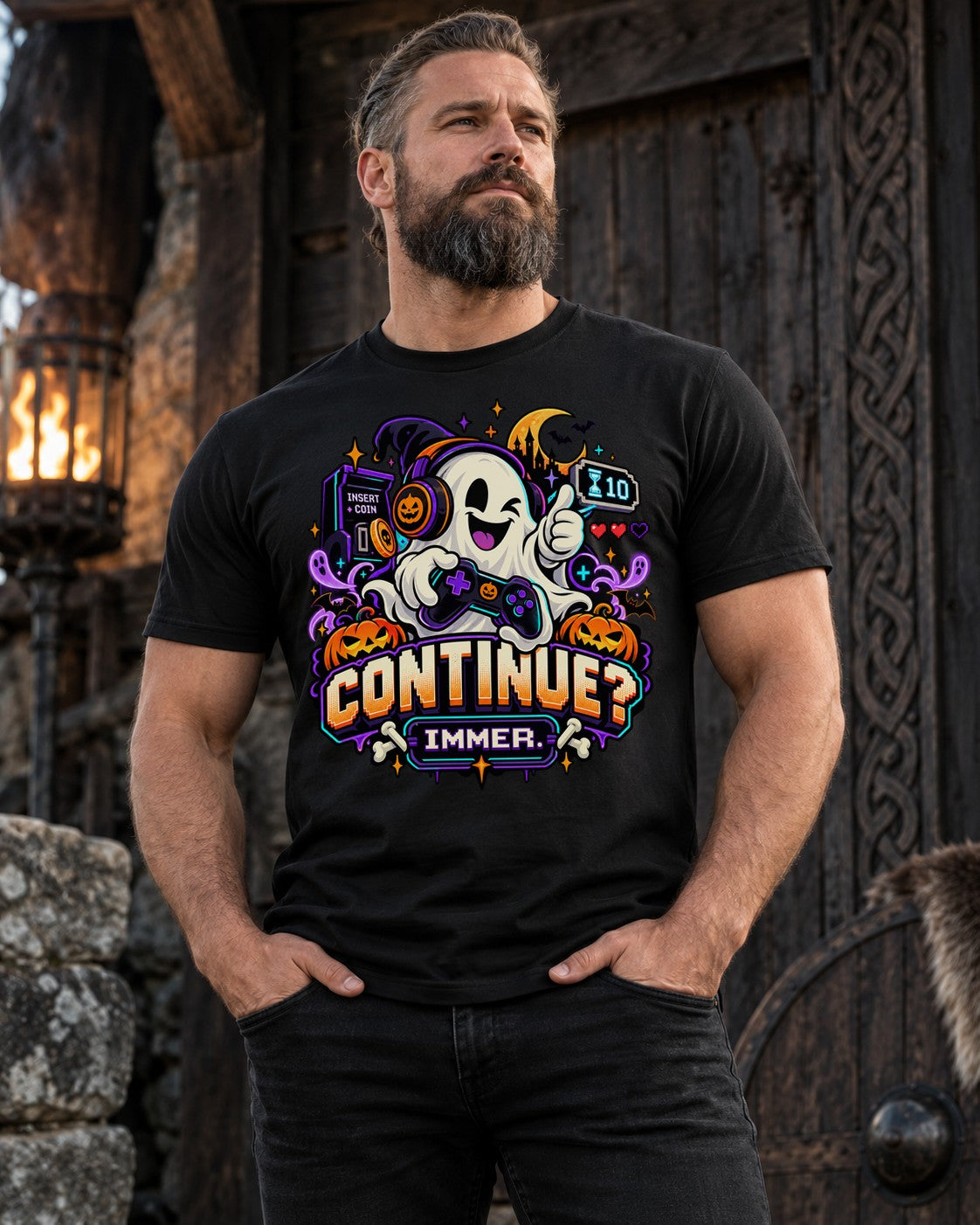Halloween Gamer T-Shirt Herren Continue Immer Geist Gaming Shirt Retro Arcade Geschenk Gamer Nerd