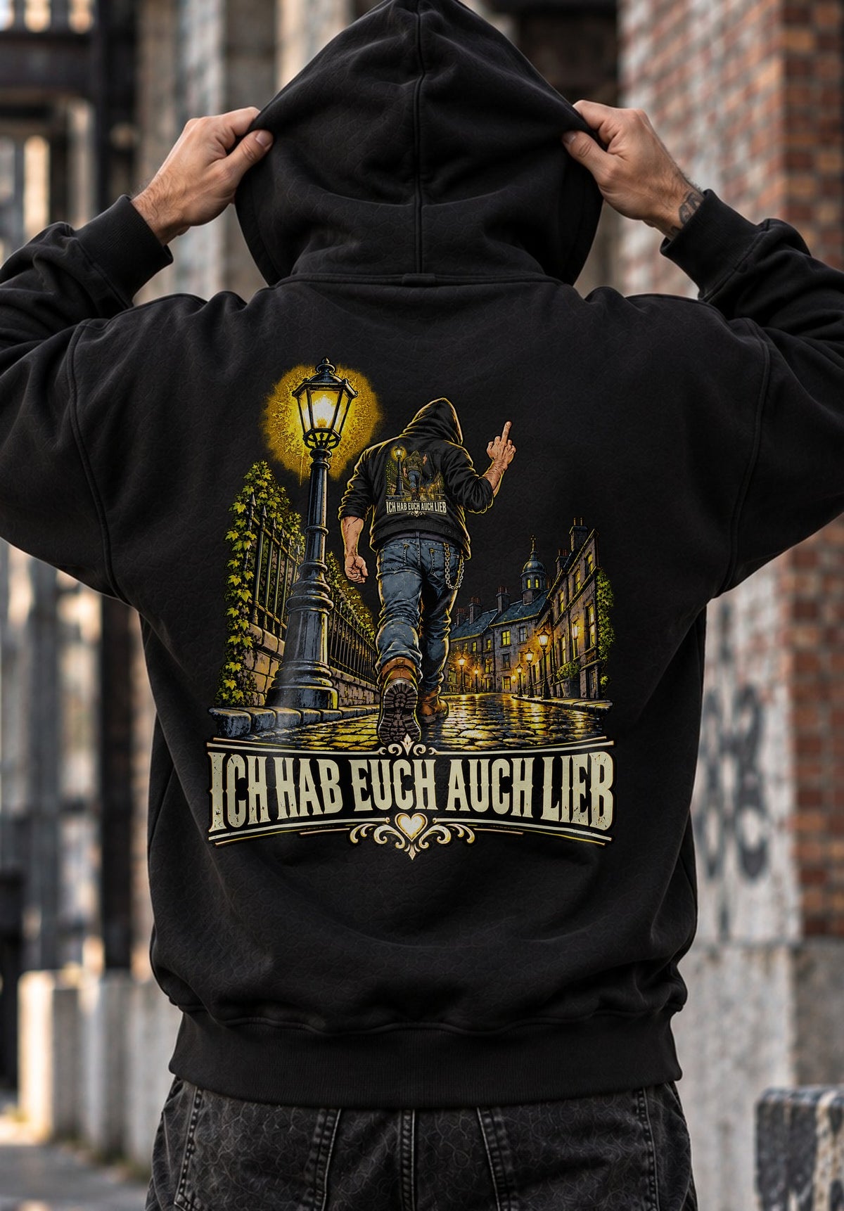 Naechtlicher Spaziergang Backprint Hoodie mit Ich Hab Euch Auch Lieb Spruch - dunkler Streetwear Rueckenprint