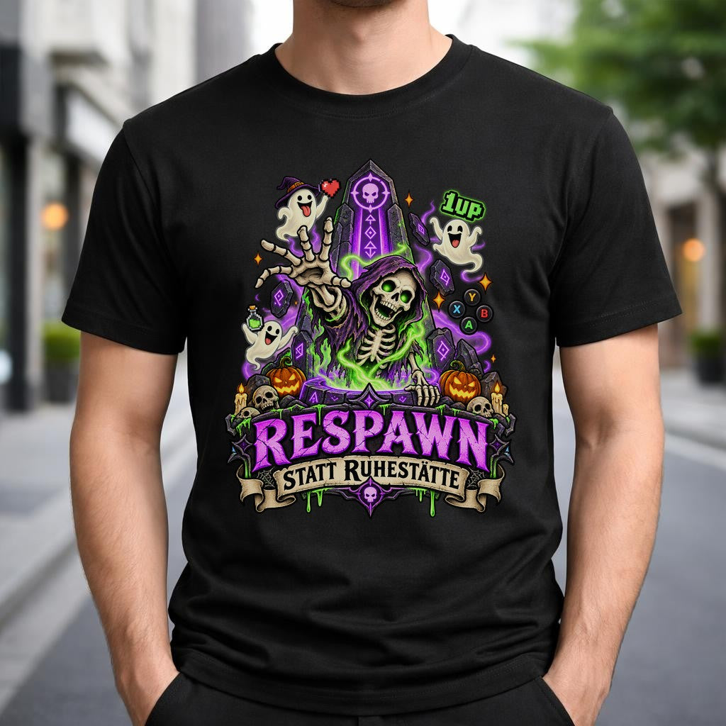 Respawn statt Ruhestätte T-Shirt Gamer Halloween Skelett Ghost Retro Gaming Geschenk Unisex