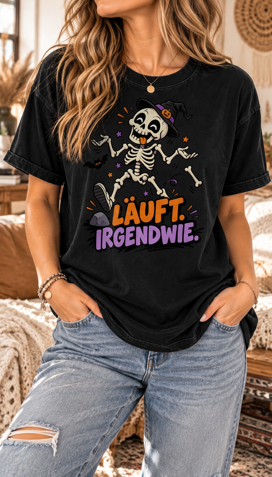 Halloween Skelett T-Shirt Damen Oversized Lustig Läuft Irgendwie Spruchshirt Vintage Washed Gothic Herbst