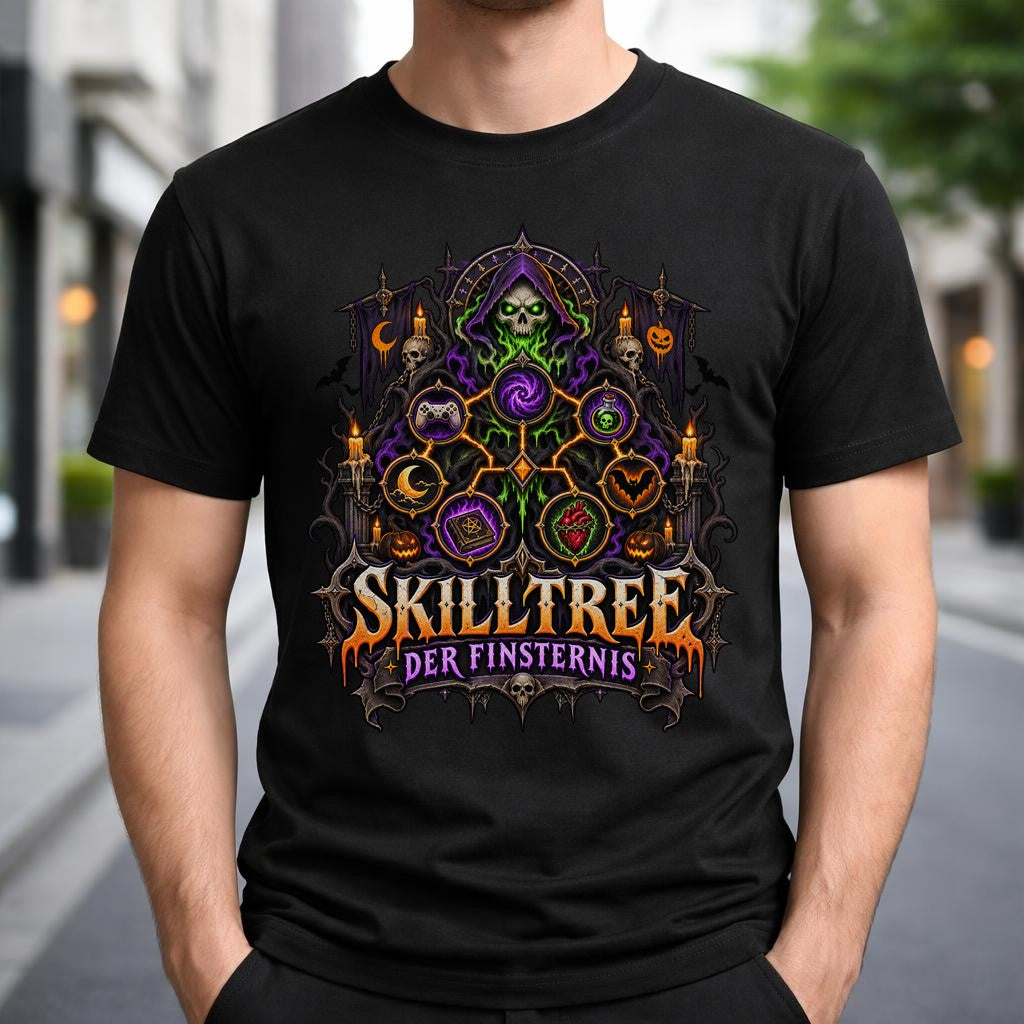 Skilltree der Finsternis T-Shirt Gamer Gothic Halloween Unisex, Dunkle Fantasy Shirt mit Skelett Magie Motiv