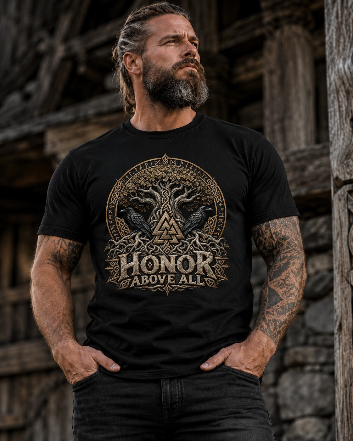 Wikinger T-Shirt Herren Honor Above All, Viking Shirt mit Raben Yggdrasil Valknut, Norse Mythology Geschenk