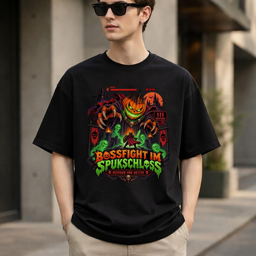Bossfight im Spukschloss T-Shirt Halloween Gamer Shirt Unisex Grusel Gaming Funshirt Pumpkin Boss Tee