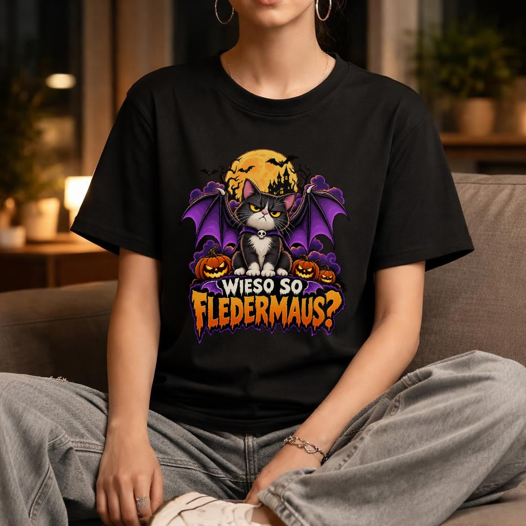Wieso So Fledermaus T-Shirt Damen Halloween Katze Gothic Lustig Bat Cat Shirt Herbst Grusel Funshirt