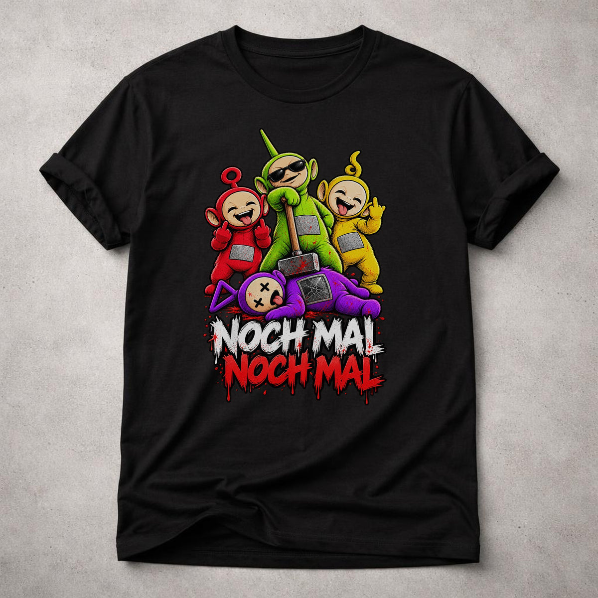 Nochmal Nochmal Shirt mit Horror Cartoon Motiv - schwarzes Fun T-Shirt fuer Kult TV Fans