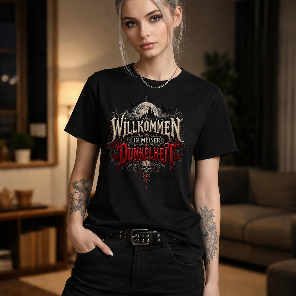 Willkommen in meiner Dunkelheit Gothic T-Shirt Damen, Dark Aesthetic Horror Shirt mit Totenkopf Mond