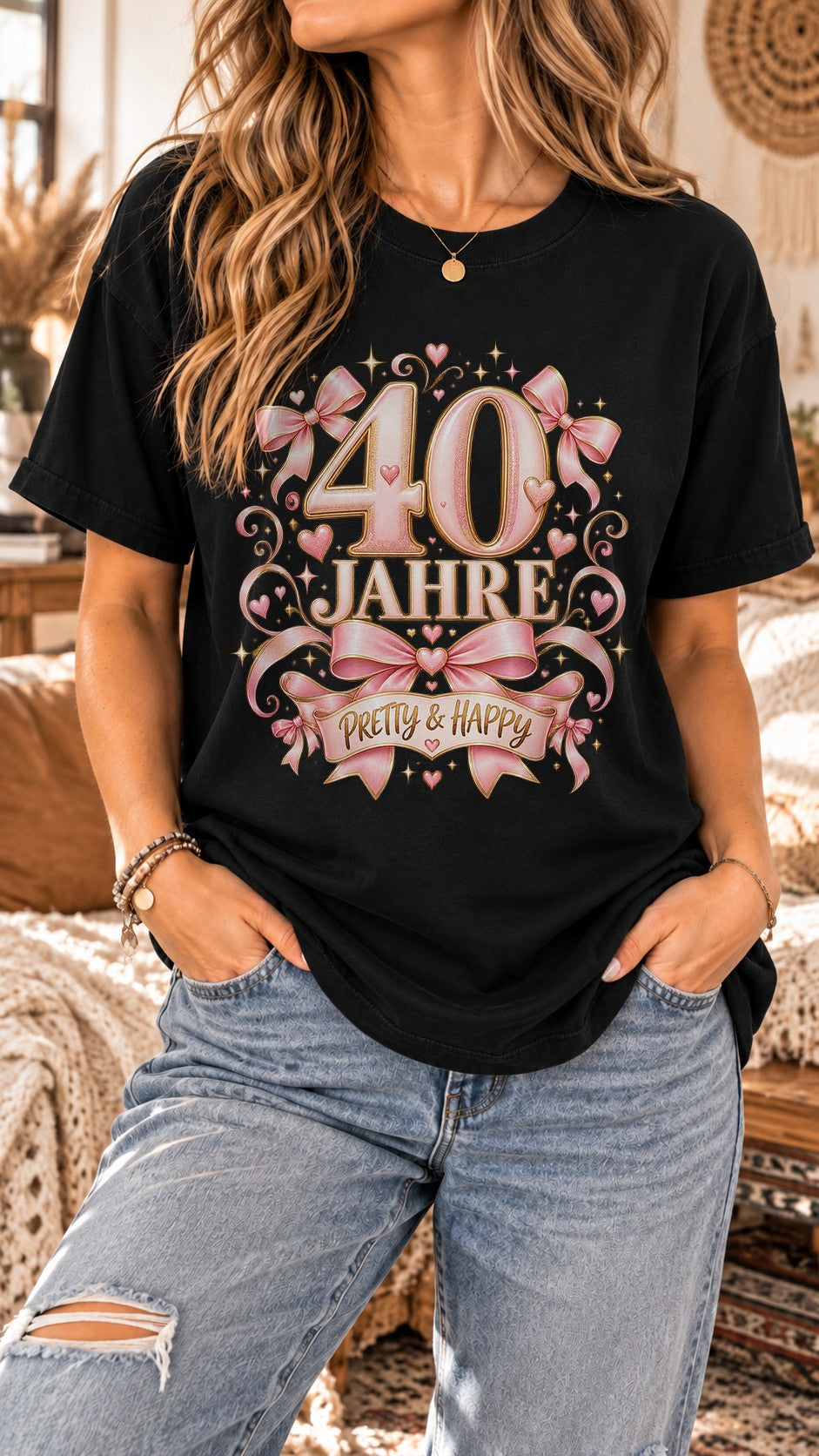 Personalisiertes Geburtstag T-Shirt Damen mit Alter – Pretty & Happy Schleifen Shirt Geschenk