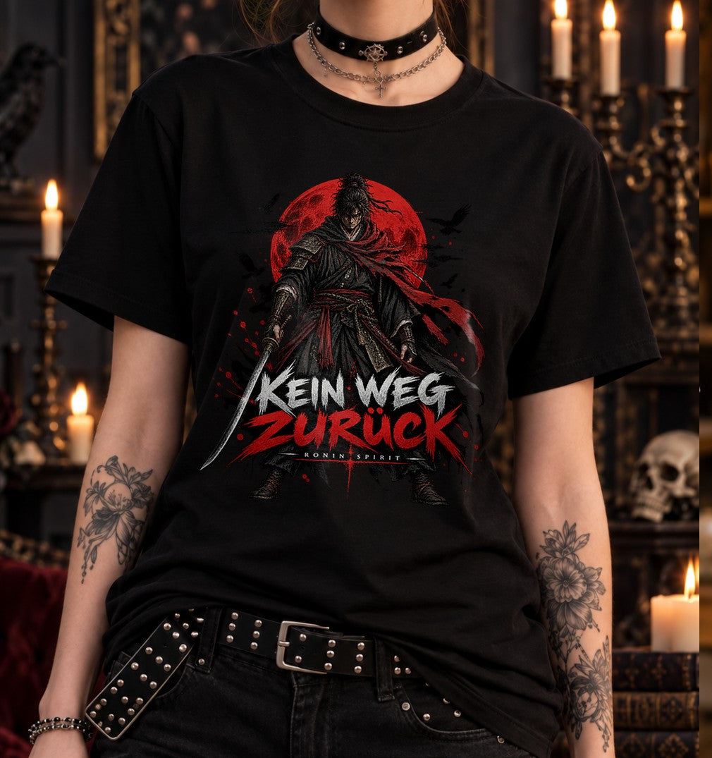 Kein Weg Zurück Ronin Spirit T-Shirt Damen Oversized Samurai Shirt Anime Look Vintage Washed Schwarz Unisex