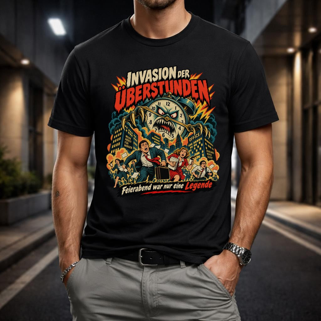 Invasion der Überstunden T-Shirt Herren Lustig Büro Spruch Retro Monster Clock Shirt Feierabend Legende Geschenk Kollege