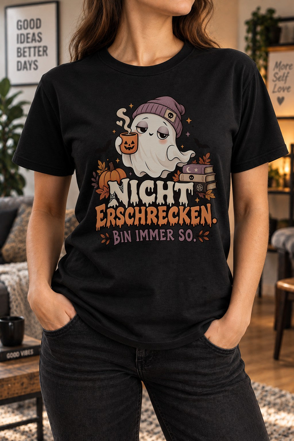 Nicht Erschrecken Bin Immer So T-Shirt Damen Lustig Halloween Geist Kaffee Spruchshirt Herbst Gothic Shirt