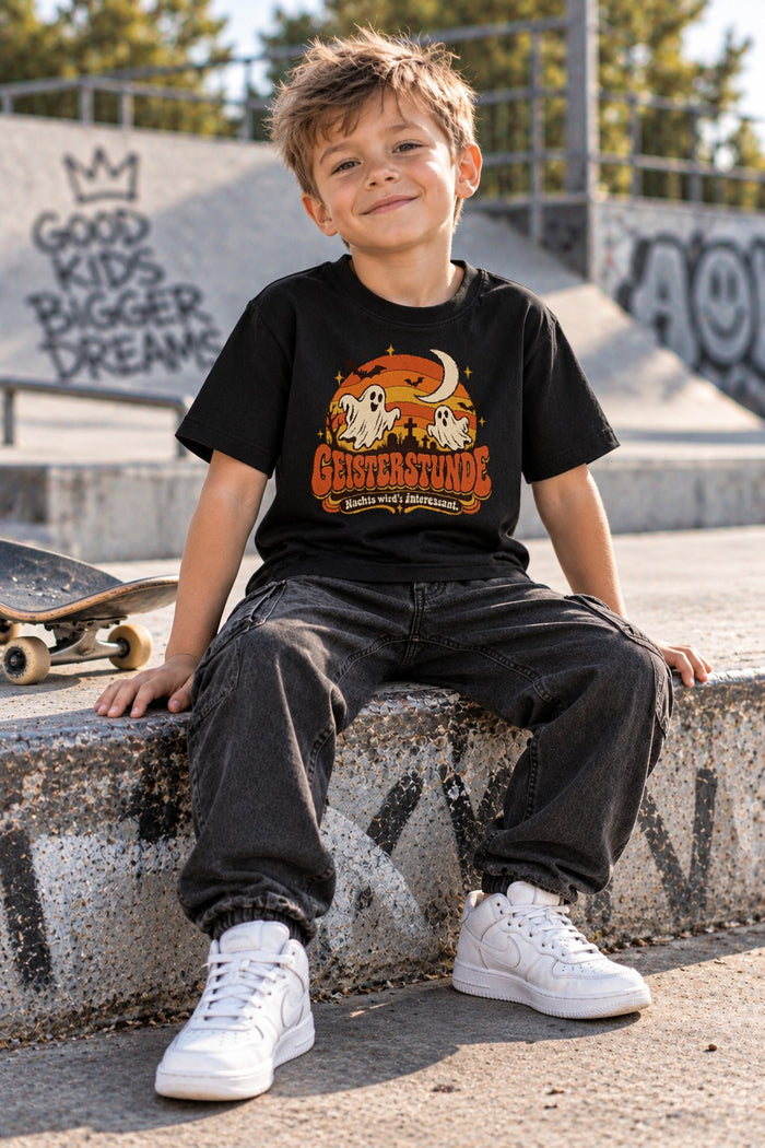 Kinder Halloween T-Shirt Geisterstunde Retro Ghost Shirt Jungen Maedchen Grusel Spruchshirt Vintage Herbst