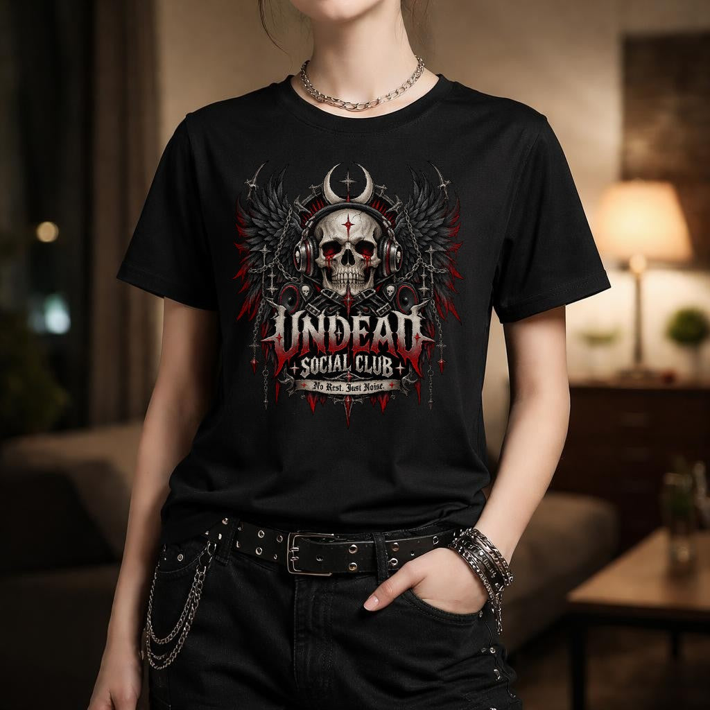 Undead Social Club Gothic Skull T-Shirt, Death Metal Shirt Damen, No Rest Just Noise