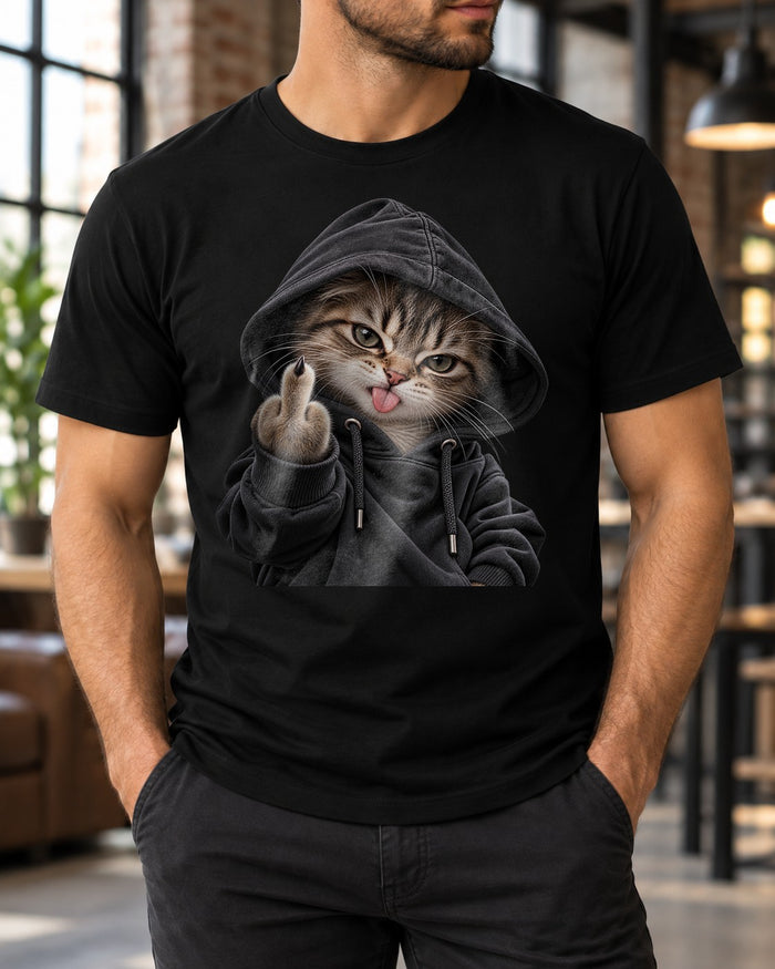 Divertida camiseta de gato con gato con capucha atrevido y dedo corazón, camiseta graciosa negra para hombres y mujeres