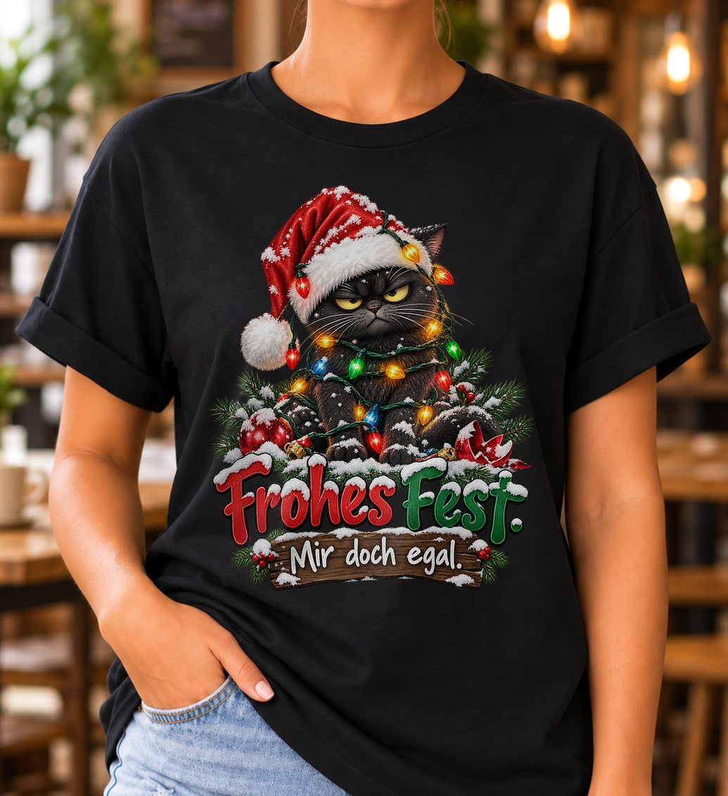 Frohes Fest Mir doch egal Katzen T-Shirt Damen - Lustiges Weihnachtsshirt mit grimmiger Katze und Lichterkette