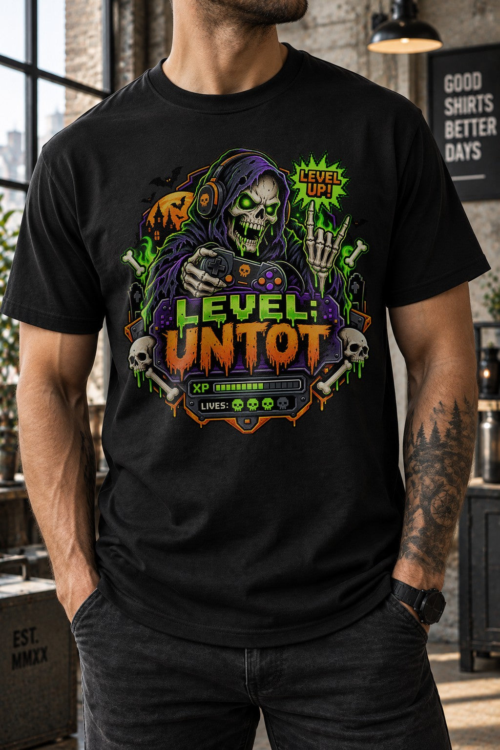 Level Untot Gamer T-Shirt Herren Damen, Lustiges Gaming Halloween Shirt, Skelett Zocker Tee, Nerd Geschenk