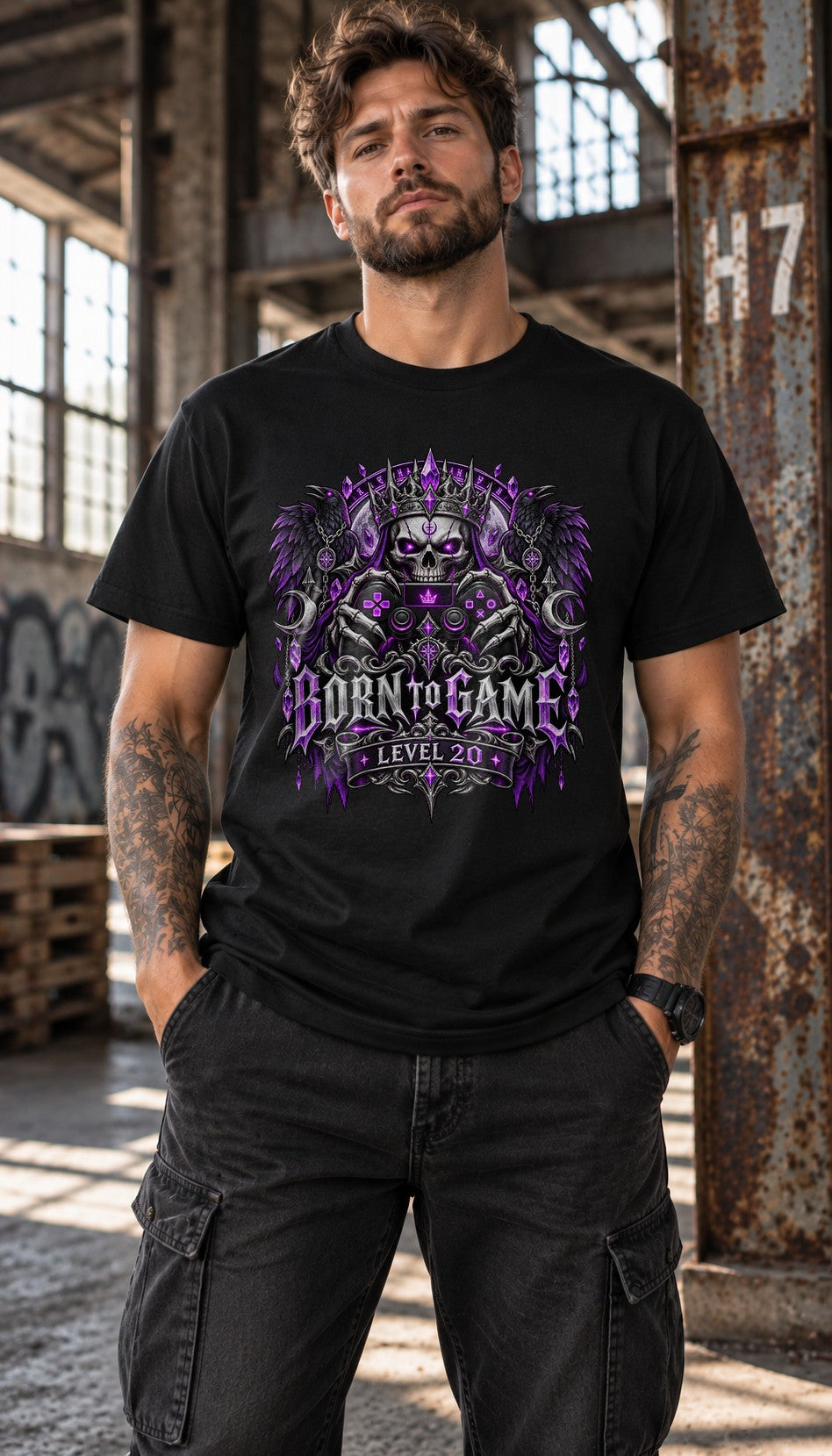 Personalisiert Born to Game T-Shirt mit Alter, Gamer Geburtstag Shirt, Gothic Gaming Geschenk, Level individuell