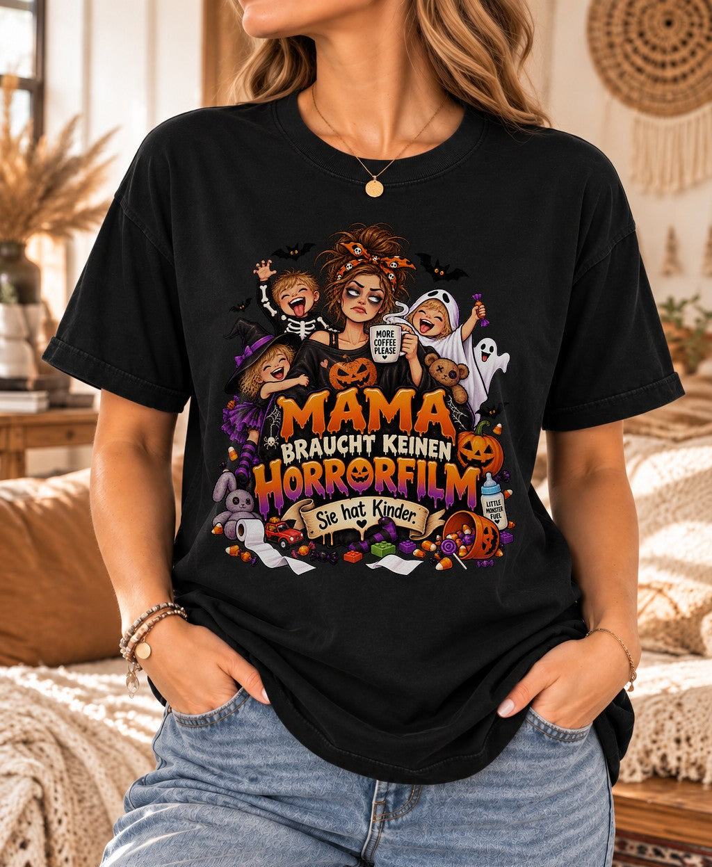 Halloween Mama T-Shirt lustig, Mama braucht keinen Horrorfilm sie hat Kinder, Grusel Mama Shirt Damen, Herbst Outfit