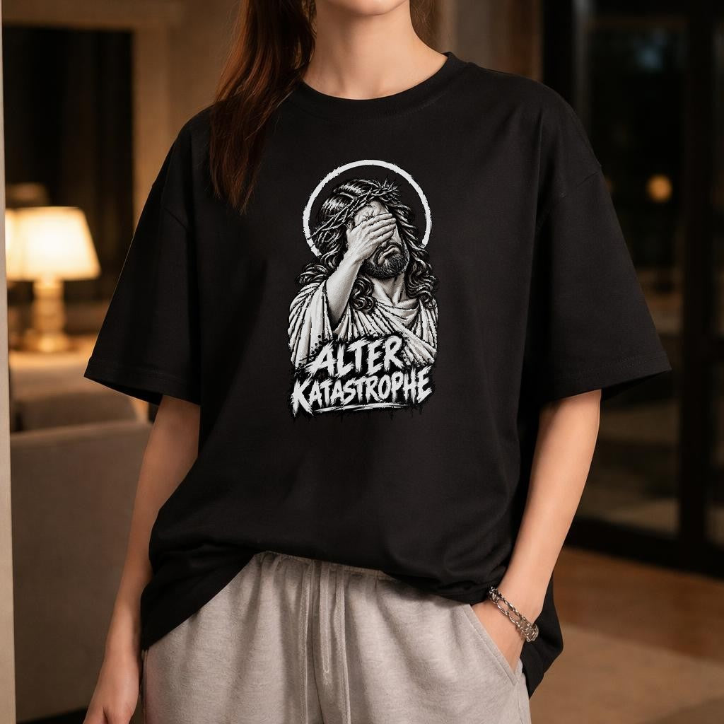 Alter Katastrophe T-Shirt Damen Oversized Lustig Jesus Facepalm Shirt Schwarz Sarkasmus Spruchshirt Unisex Geschenk