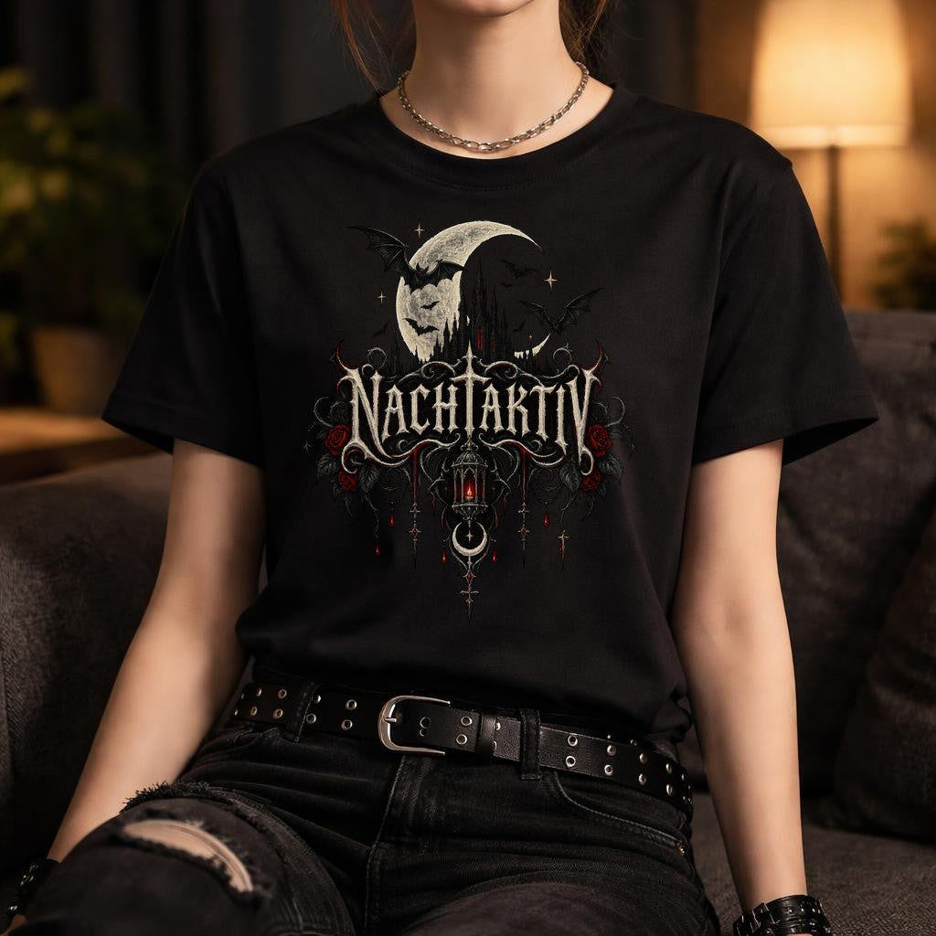 Nachtaktiv Gothic T-Shirt Damen Herren – Dark Moon Bat Skull Vintage Style
