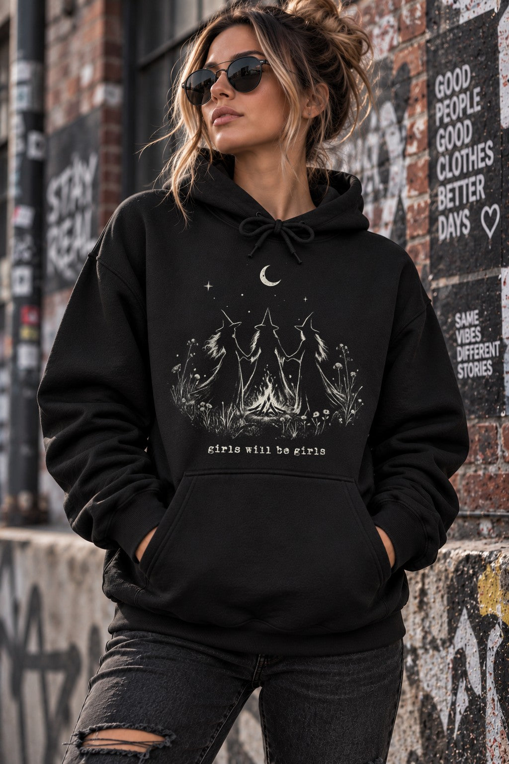 Witchy Hoodie Damen Schwarz Girls Will Be Girls Hexen Grafik Hoodie Boho Gothic Moon Pullover Geschenk für Frauen