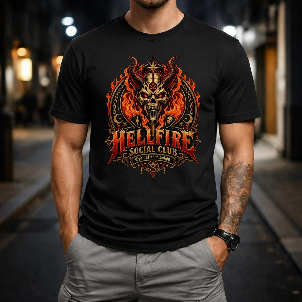 Hellfire Social Club T-Shirt Herren Gothic Metal Shirt mit Dämon Totenkopf Flammen Print Dark Fantasy Rock Geschenk