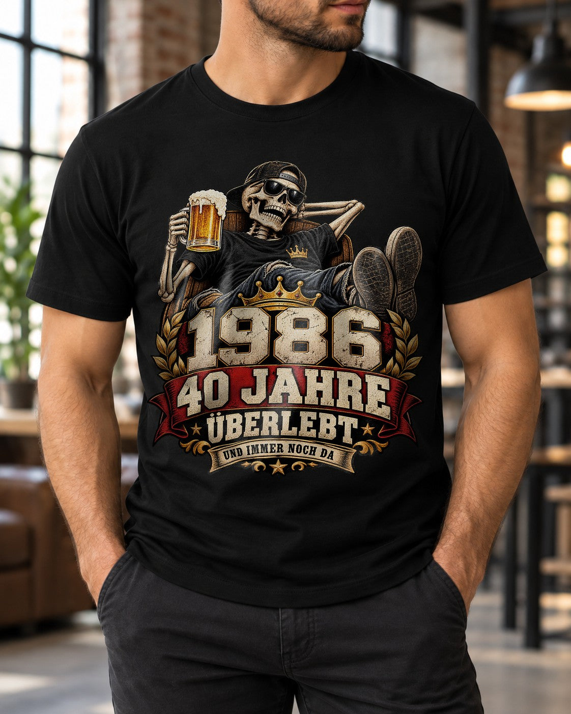 1986 40 Jahre Überlebt T-Shirt Herren, lustiges 40. Geburtstag Shirt mit Skelett Bier, Geschenk zum Vierzigsten