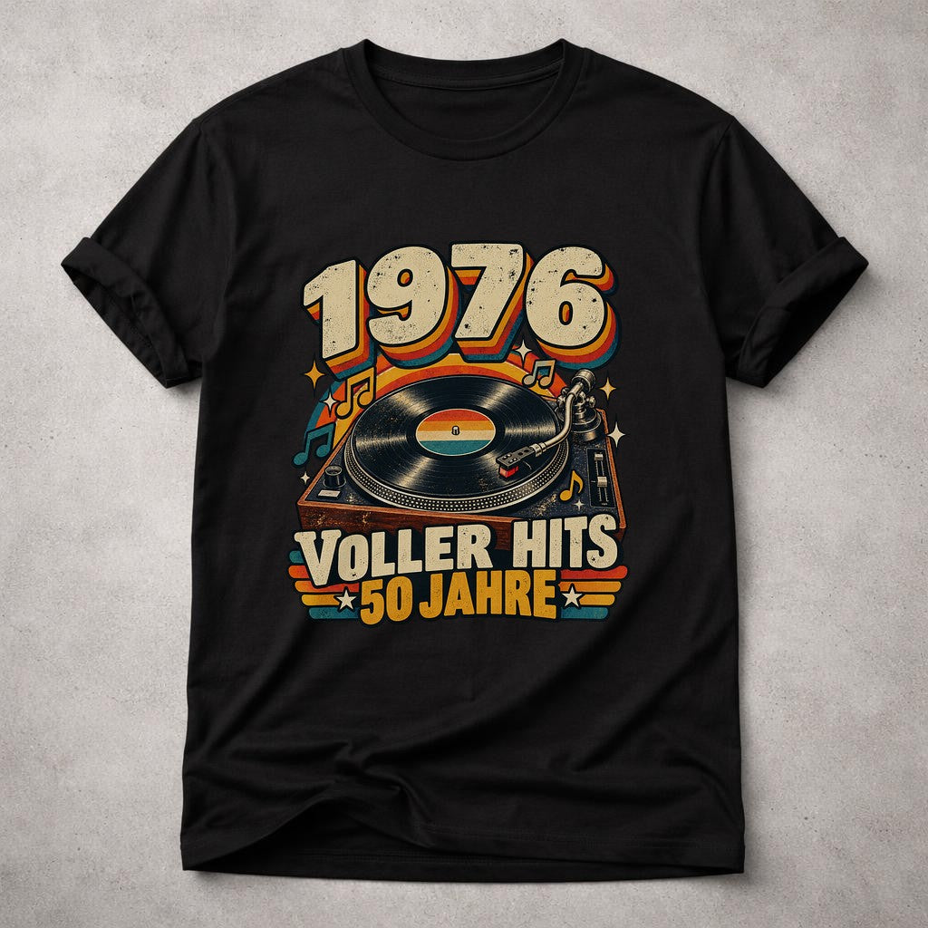 1976 Voller Hits 50 Jahre T-Shirt Herren Damen, Retro Geburtstag Shirt mit Plattenspieler, Jahrgang 1976 Geschenk