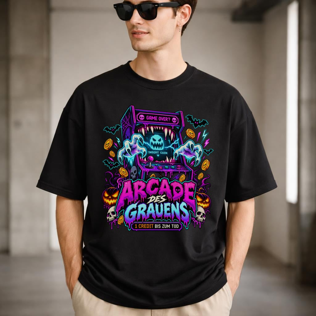 Arcade des Grauens T-Shirt Herren Damen, Horror Gamer Shirt, Halloween Retro Arcade Tee, Neon Grusel Funshirt Unisex