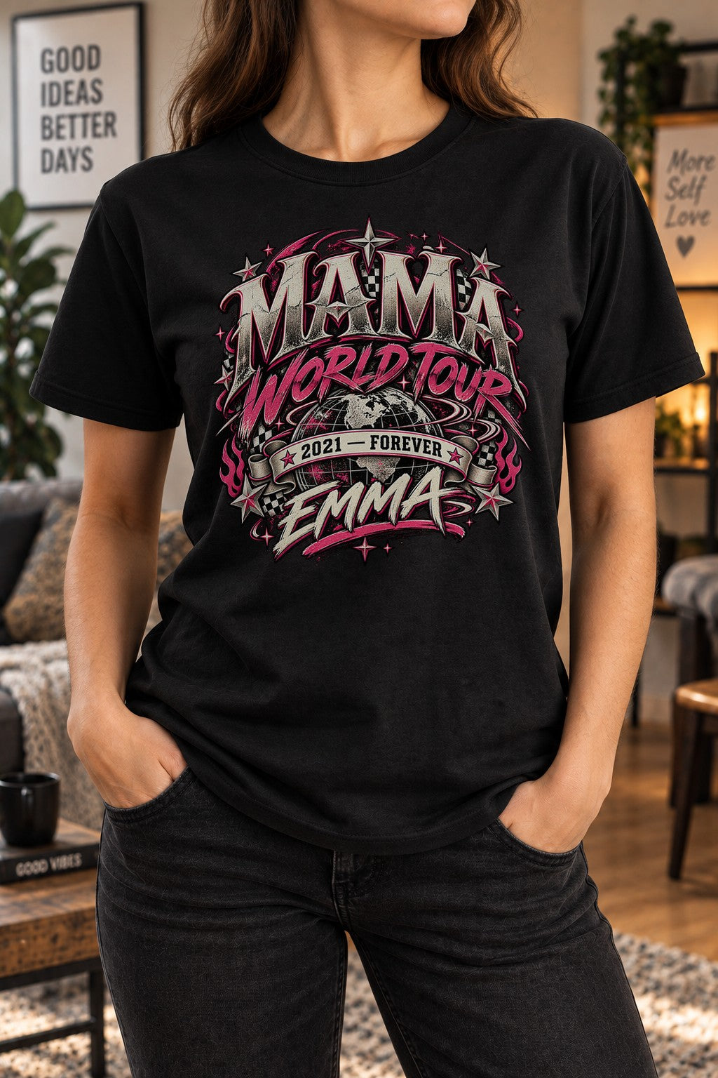 Personalisiert Mama World Tour T-Shirt mit Name & Wunschjahr, Rock Vintage Shirt Damen, Geschenk für Mama