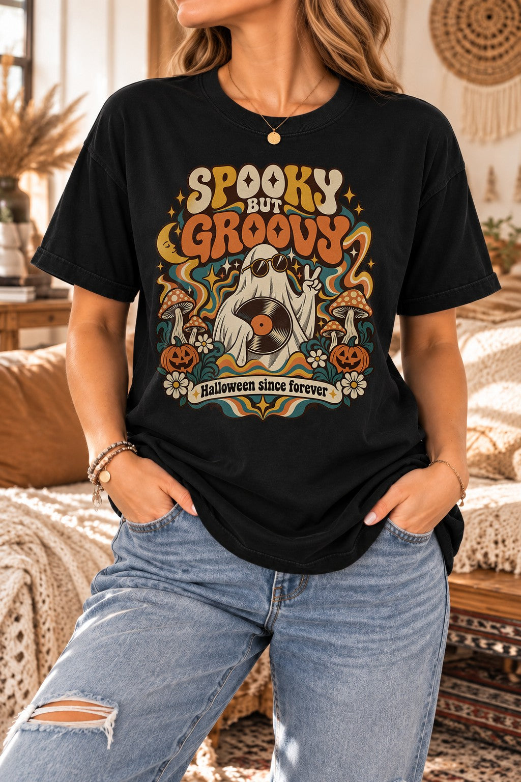 Spooky But Groovy Halloween T-Shirt Damen Retro Ghost Shirt Boho Herbst Vintage Halloween since forever