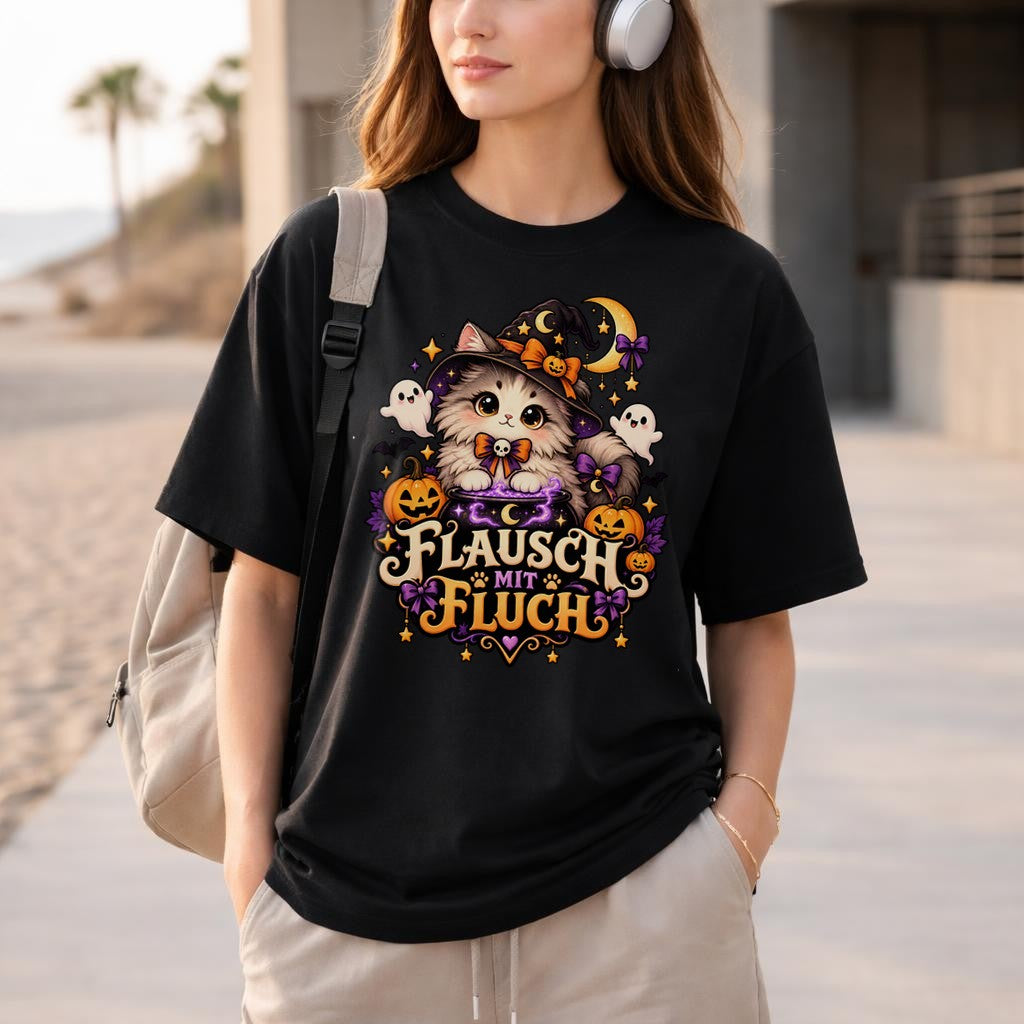 Flausch mit Fluch Halloween Katzen T-Shirt Damen Oversized Hexenkatze Cute Spooky Herbst Shirt Geschenk