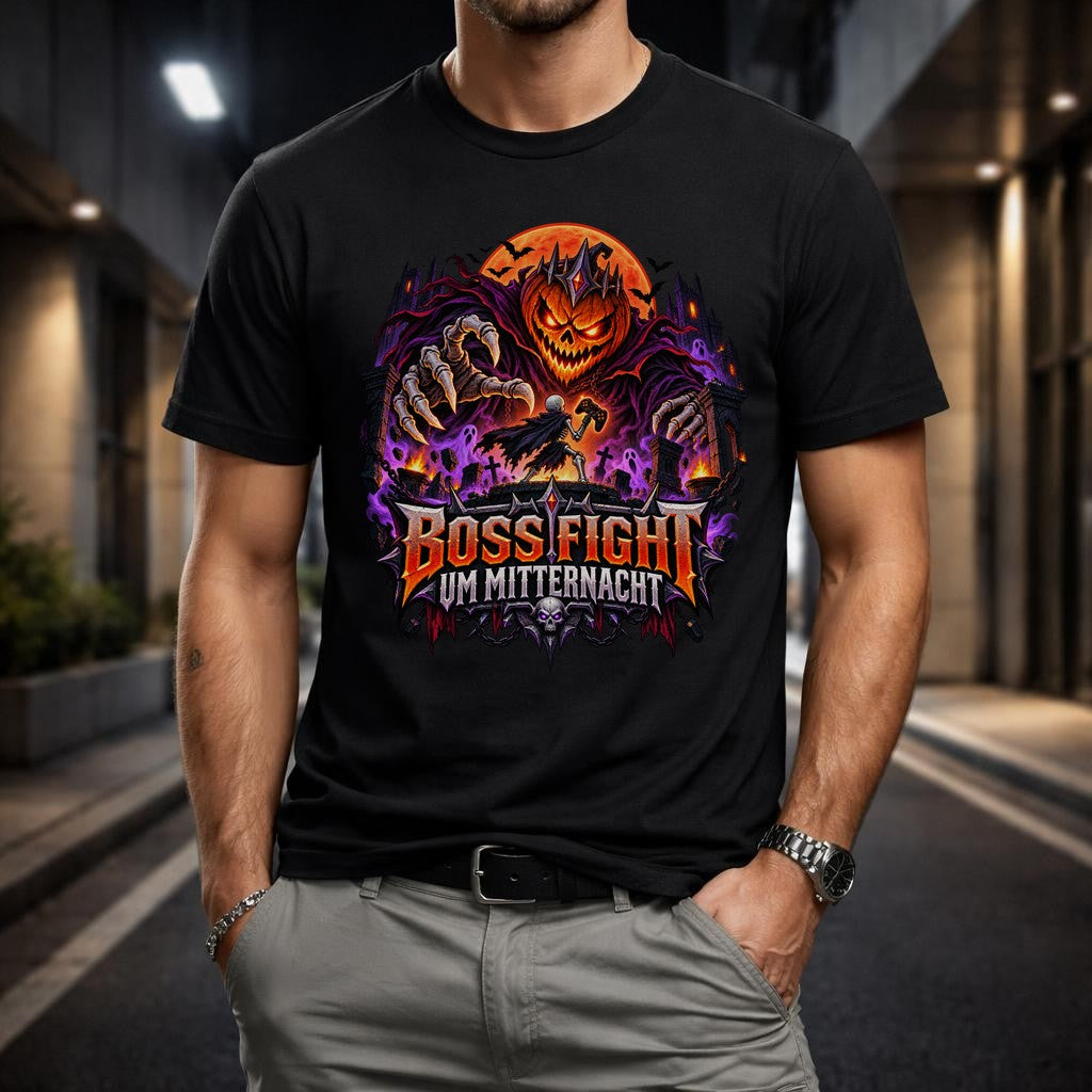 Boss Fight um Mitternacht T-Shirt Gamer Halloween Shirt Horror Gaming Geschenk Unisex Schwarz