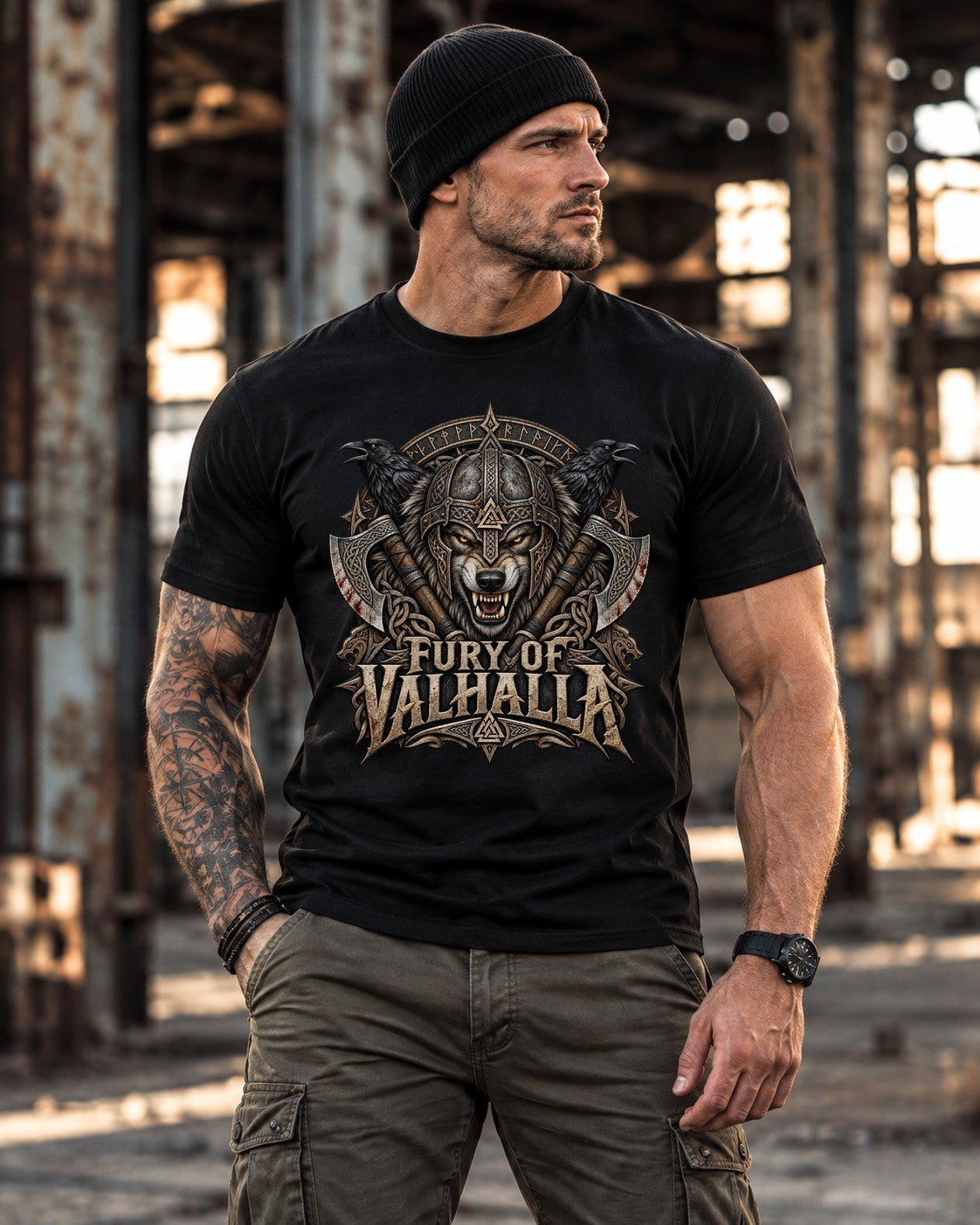 Wikinger T-Shirt Valhalla Wolf, Viking Biker Shirt Herren, Nordic Raven Tee, Geschenk für Motorradfans
