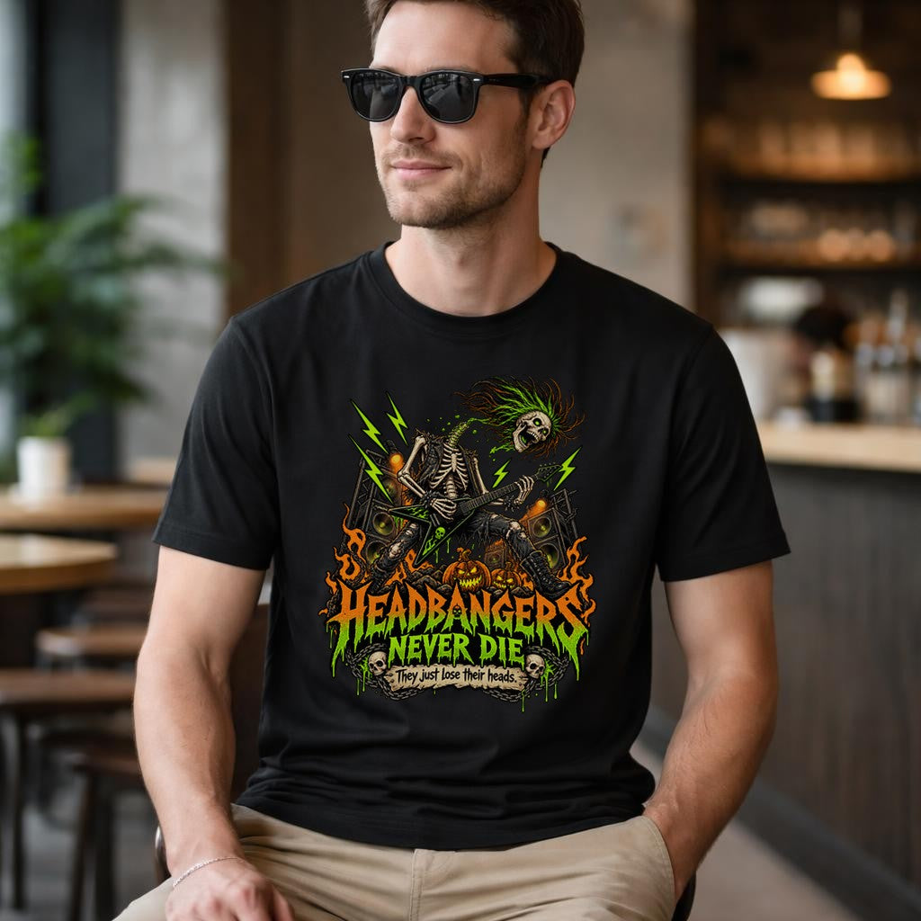 Headbangers Never Die T-Shirt Herren Unisex, Metal Halloween Shirt mit Skelett Gitarrist, Rocker Geschenk lustig