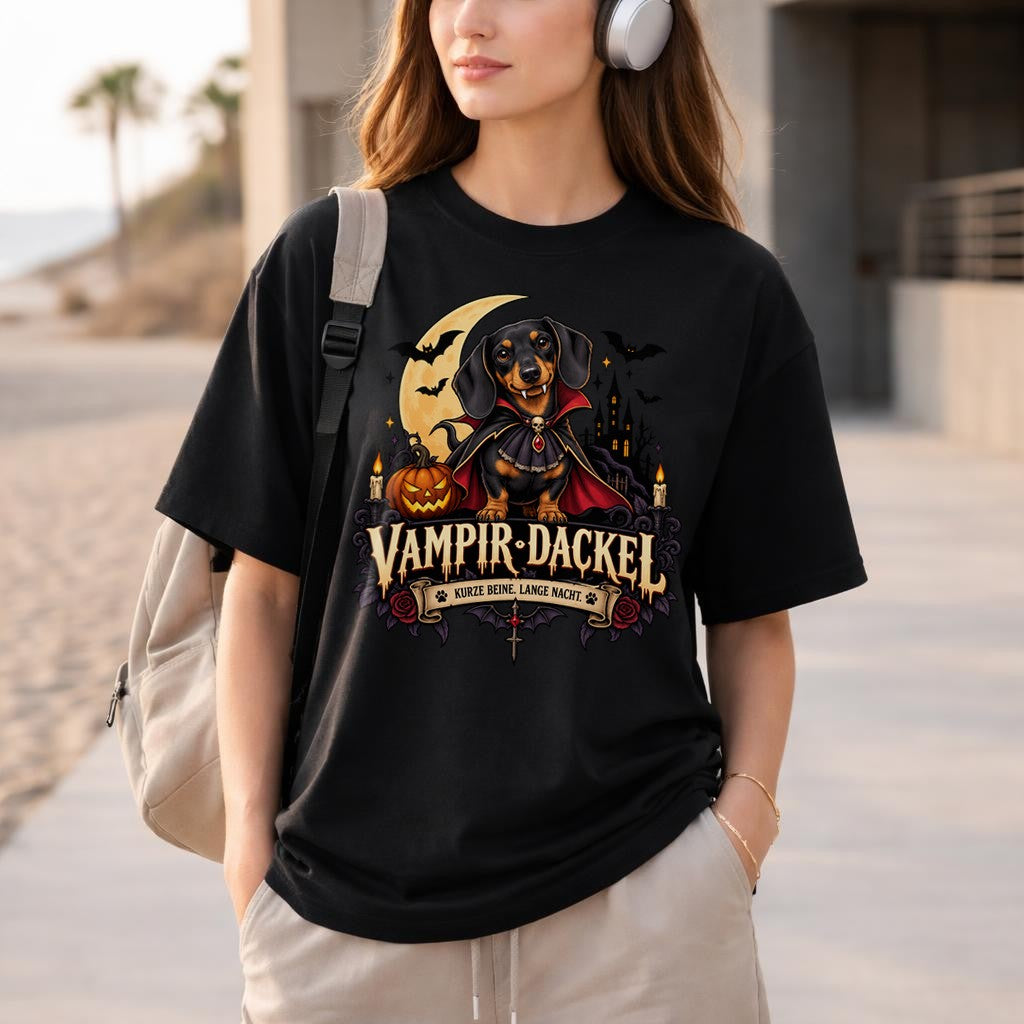 Vampir Dackel T-Shirt Damen Halloween Hundeshirt Gothic Retro Spruch Kurze Beine Lange Nacht Geschenk