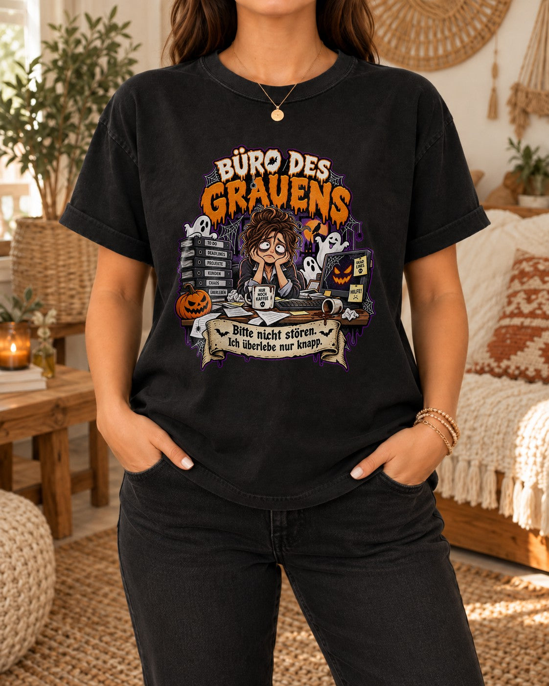 Büro des Grauens T-Shirt Damen Oversized Halloween Büro Humor Shirt Kollegin Geschenk Washed Vintage Look