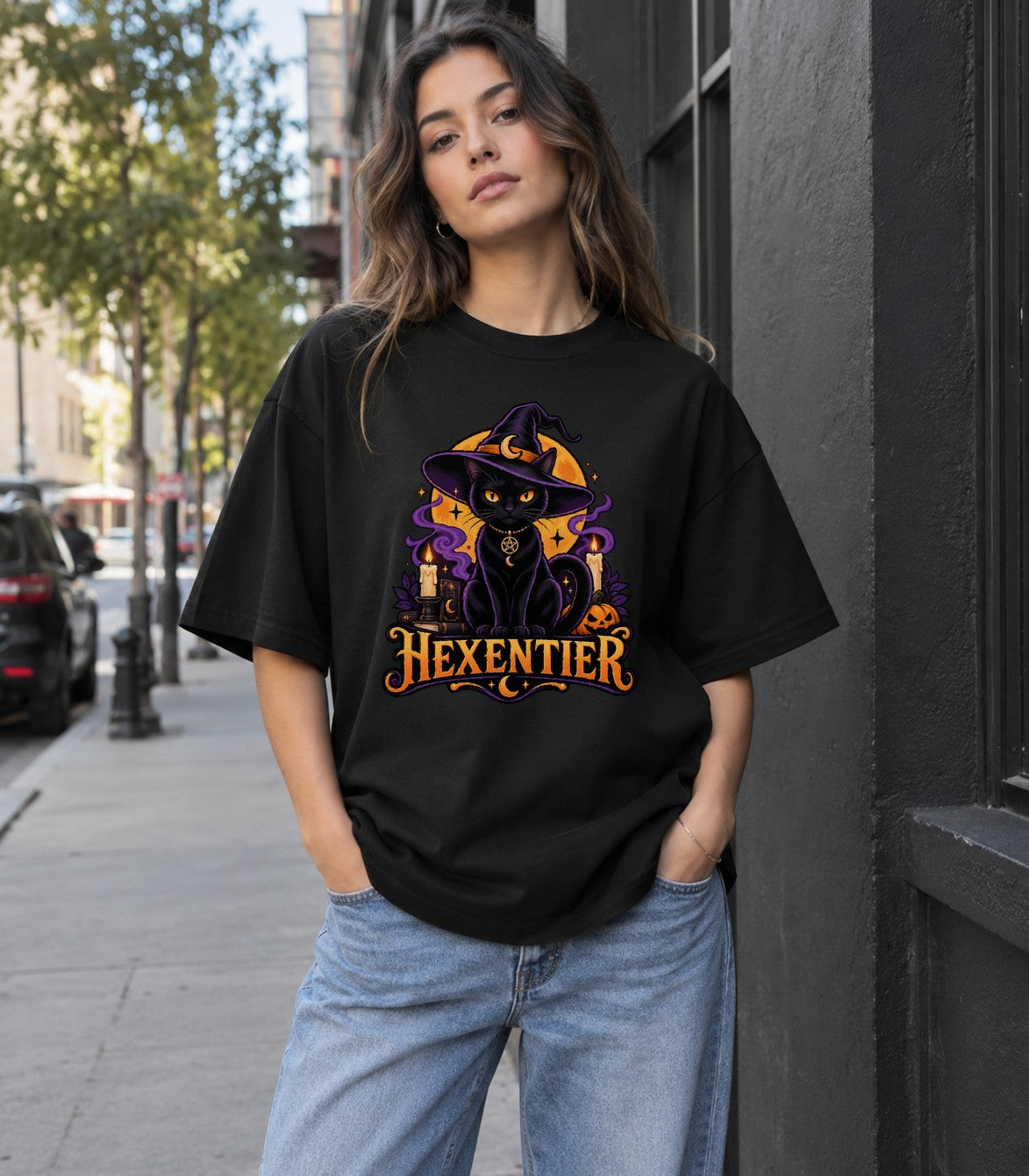 Hexentier Katzen T-Shirt Damen Oversized Halloween Katze Hexe Gothic Retro Shirt Schwarz