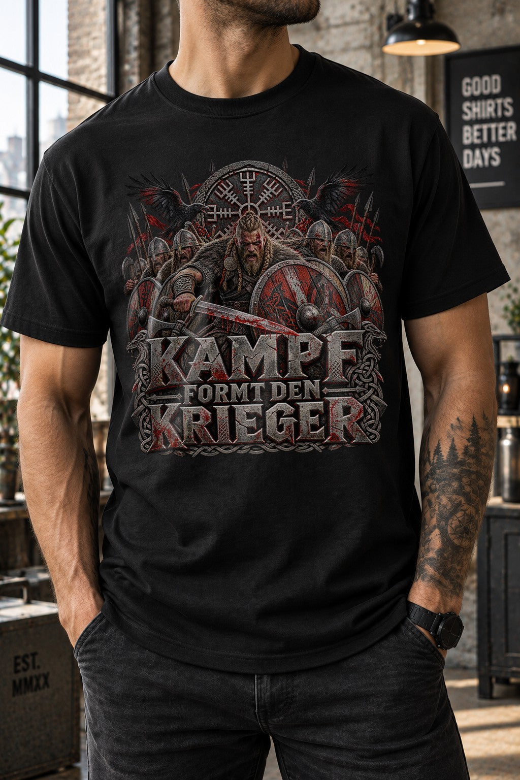 Kampf formt den Krieger T-Shirt Herren Wikinger Shirt Viking Warrior Nordisch Geschenk für Männer Schwarz