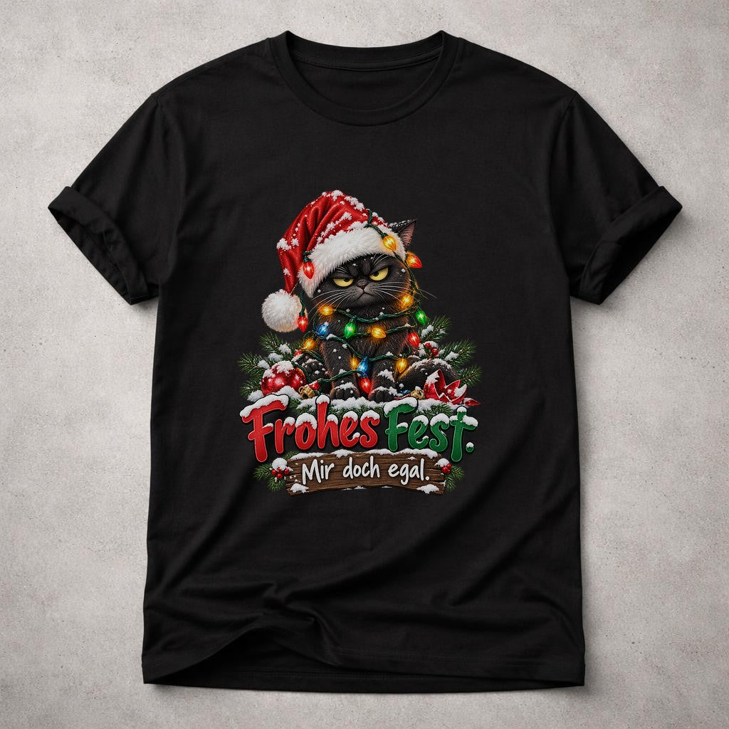 Frohes Fest Mir doch egal Katzen T-Shirt Damen - Lustiges Weihnachtsshirt mit grimmiger Katze und Lichterkette