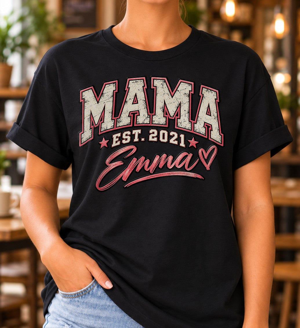 Personalisiert Mama T-Shirt mit Namen & Wunschjahr, Vintage College Shirt Damen, Geschenk für Mutter Geburtstag